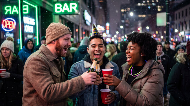Friends toast with champagne at a New Year's Eve city night party celebration, perfect for happy festive marketing.