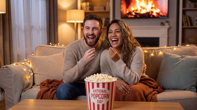 Happy friends enjoy popcorn while watching a movie at home on National Popcorn Day, great for snack marketing.