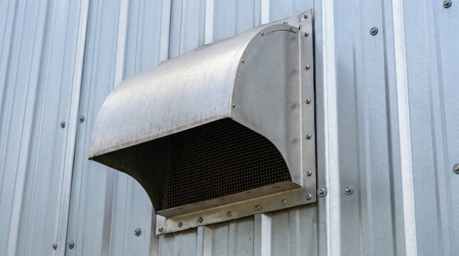 Industrial stainless steel exhaust vent hood securely mounted on a corrugated metal factory wall, featuring a protective wire mesh screen, visible rivets, and weathered metallic textures in natural
