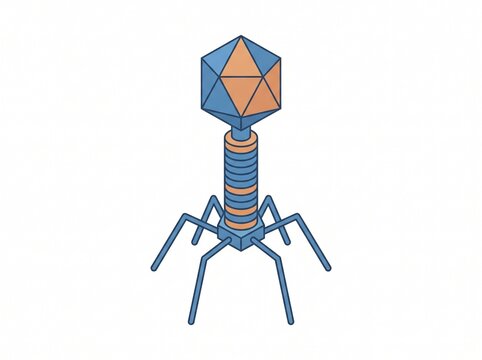 Scientific illustration of a bacteriophage virus, a type of virus that infects bacteria, with its distinct geometric head and tail structure