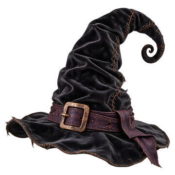 Detailed black velvet pointed costume hat with leather buckle and stitching