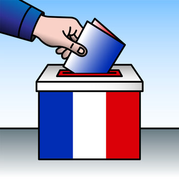 France, ballot box, flag and hand inserting a ballot paper into a ballot box, vector illustration