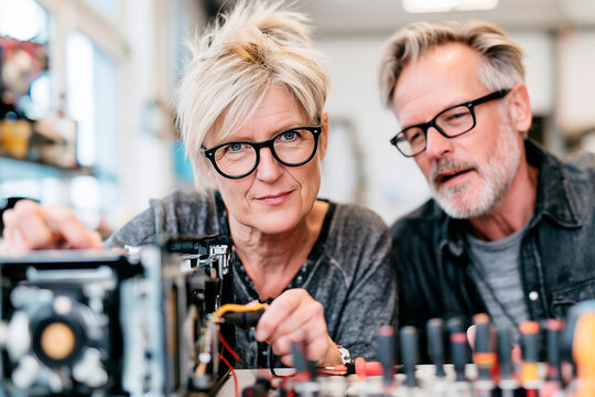 Mature Woman Learning Electronics Repair in Technical Workshop