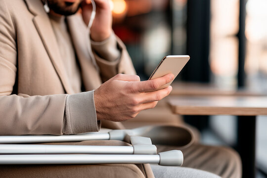 Blind Professional Using Smartphone Screen Reader at Modern Cafe