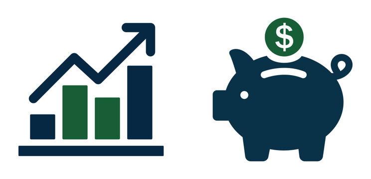 Financial growth chart icon and piggy bank with dollar coin symbol for savings and investment concepts