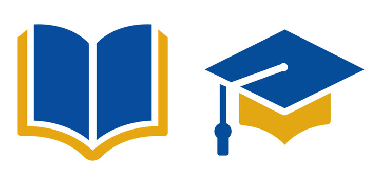 Set of education icons including an open book and a graduation cap with tassel