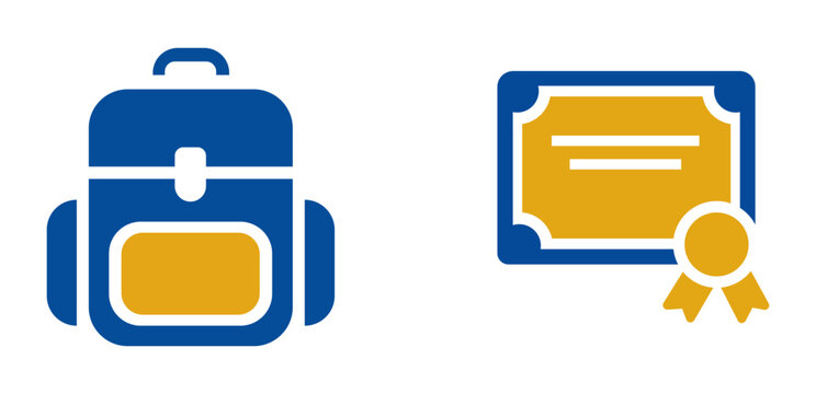 Backpack and certificate icons, school bag and diploma symbols, education and academic achievement vector illustrations