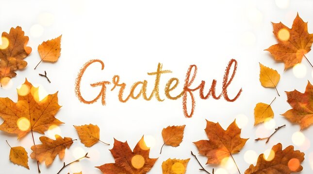 Grateful text with autumn leaves and bokeh lights isolated on white background