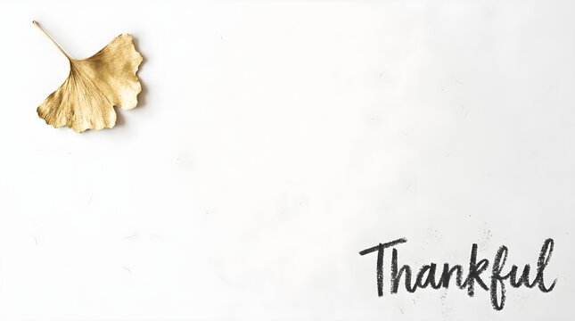 Golden ginkgo leaf on white background with the word thankful written in black chalk