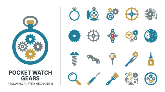 Pocket Watch Gear Icon Set Illustrating Mechanism Repair and Maintenance Tools