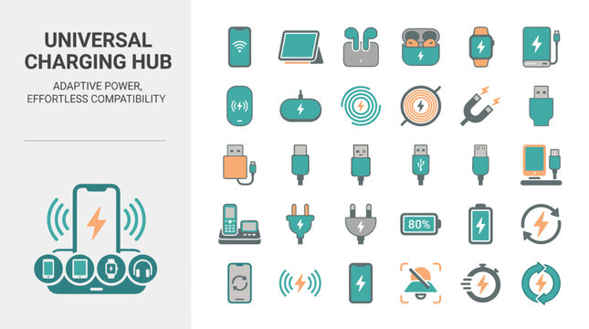 Universal Charging Hub Illustration Set with Adaptive Power Devices and Cables