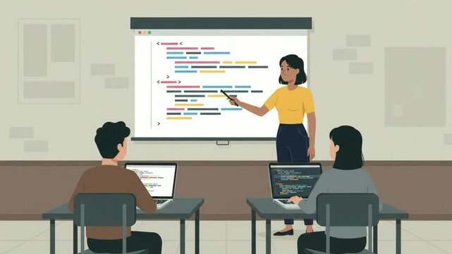 Female teacher explaining software programming code to students in classroom vector illustration