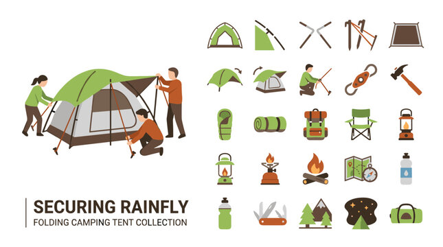 Campers Securing Rainfly on Green Tent with Flat Camping Gear Icon Collection