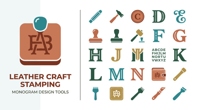 Leather Craft Stamping Monogram Toolkit with Vintage Alphabet Letters and Tools
