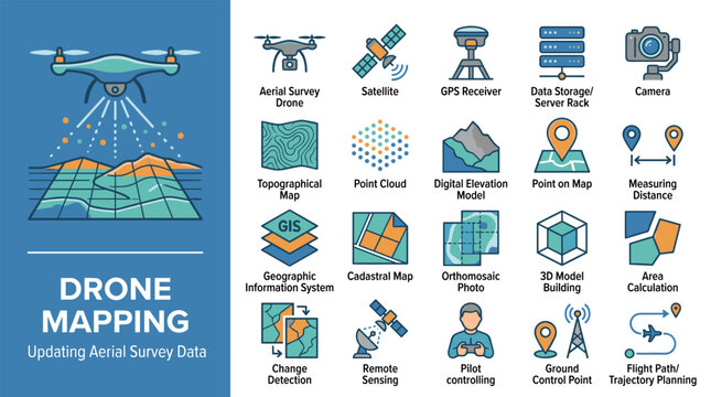 Drone Mapping Icon Set for Aerial Survey Data and Gis Topographic Analysis