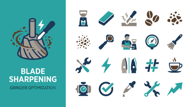 Blade Sharpening Icon Set with Coffee Grinder Maintenance Tools and Brewing Graphics