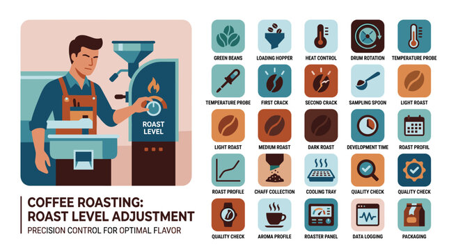 Coffee Roasting Roast Level Adjustment Infographic with Process Icons and Barista