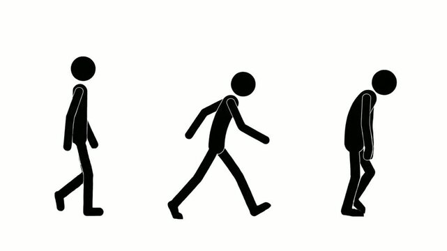 Stick figure walking set vector illustration showing various gait postures motion and fatigue stages