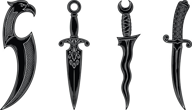 Set of four black ornate daggers vector illustration with eagle head karambit, wavy kris blade, crescent hilt and curved dagger