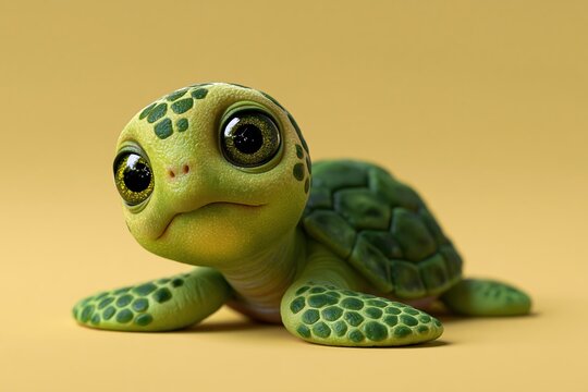 Cute baby turtle character lying on belly with flippers stretched forward