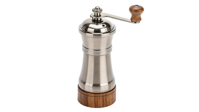 A traditional wooden handle manual coffee spice mill grinder isolated on transparent background