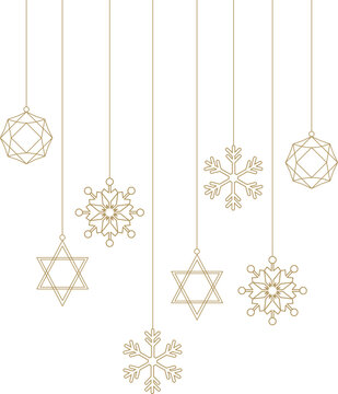 Luxury gold line art hanging christmas snowflakes and geometric ornaments garland transparent overlay vector