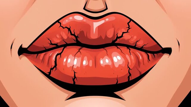 Stylized illustration of red chapped lips with severe cracks on dark background