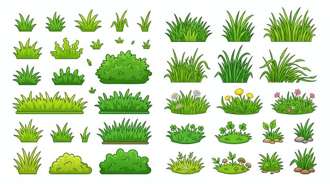 Grass vector collection. Set of cartoon grass tufts and lawn elements for nature scenes isolated on white