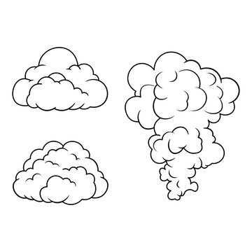 Hand Drawn Black and White Cartoon Clouds and Smoke Puff Vector Illustration Set