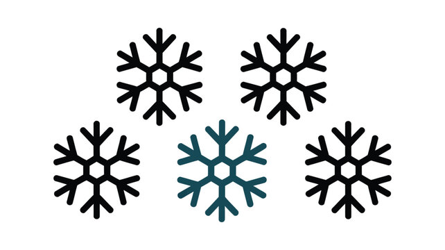 Set of five different black and blue vector snowflakes on white background