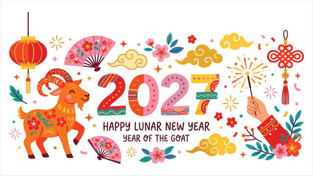 Happy lunar new year 2027 goat illustration with festive decorations