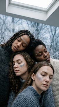 Four women in cozy sweaters leaning together with eyes closed under a skylight at home in winter