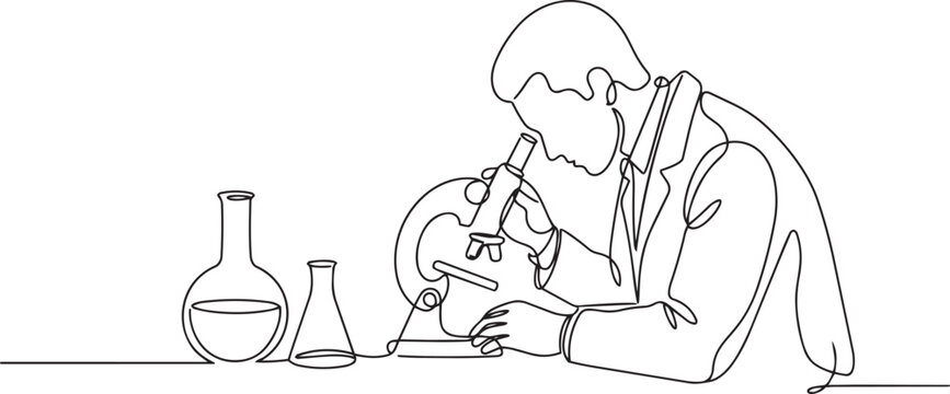 Continuous one line drawing of a scientist looking into a microscope in laboratory