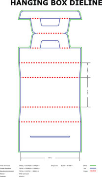 Hanging box dieline template, vector packaging layout with dimensions for white card board, professional retail box design with hang tab for shelf display
