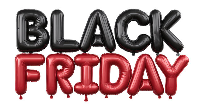 "BLACK FRIDAY" in large 3D glossy balloon letters, black and red inflated finish