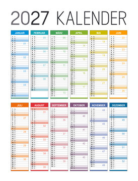 Deutsch kalender 2027 mit kalenderwochen  &ndash; Bearbeitbare Vektorvorlage mit isolierten Ebenen, anpassbares Design f&uuml;r Deutschland
