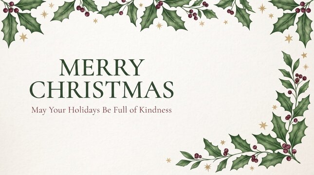Merry christmas holiday greeting card with holly leaves design