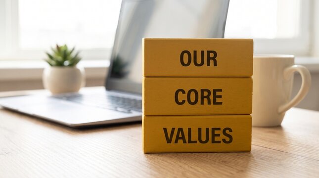 Our core values written on stacked yellow wooden blocks with values printed them wooden desk words