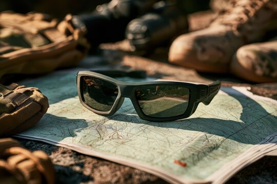 Tactical sunglasses resting on a map beside field gear, evoking wilderness navigation
