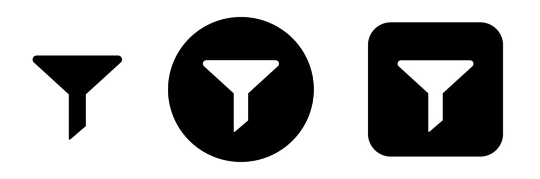 Filter button icon set with funnel and data filtering symbols. Search refinement options for product selection, content and result filtering
