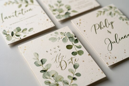 Elegant wedding invitation cards featuring greenery and gold accents for save the date announcements