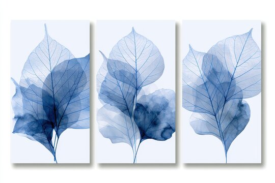 Elegant blue leaves artwork in three panels showcasing delicate botanical details and soft watercolor effects