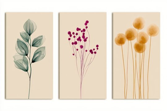 Three elegant botanical illustrations featuring leaves and floral designs in soft colors on a neutral background