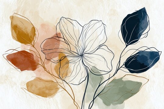 Elegant floral illustration with abstract leaves and petals in soft colors isolated on white background