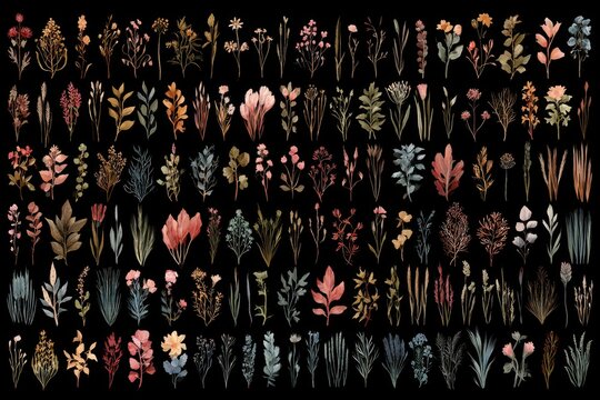 A diverse collection of botanical illustrations featuring various flowers, leaves, and plants arranged in a visually appealing pattern