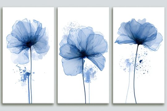Beautiful blue abstract flowers in three panels with delicate petals and artistic splashes isolated on white background