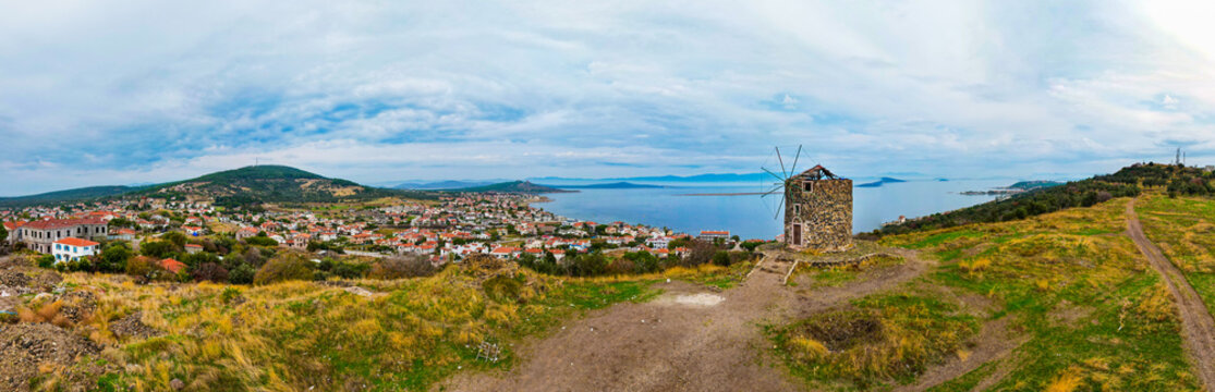 Cunda Island. Panoramic view of Cunda Island with its historic windmill. Ayvalik, Balikesir, Turkey.