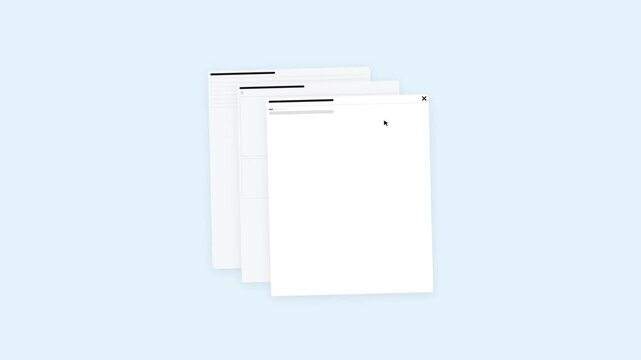Minimalist Animation of Overlapping Browser Windows with Mouse Cursor Clicking Close Button