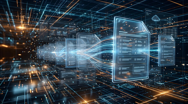 Conceptual representation of glass documents and data files floating through a high-speed digital network and cloud server infrastructure within a futuristic virtual grid background.