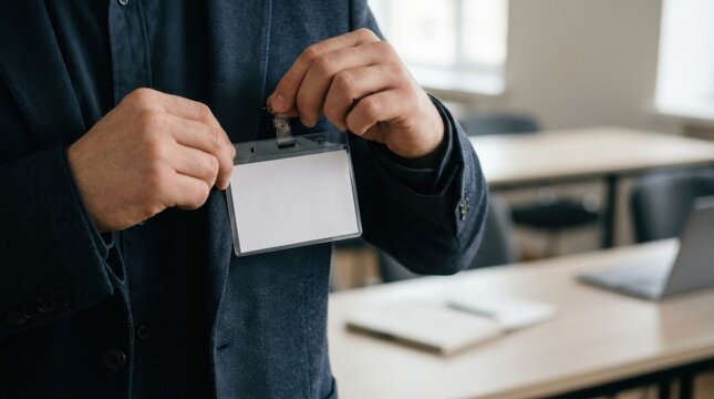 Person Holding Blank ID Badge in Office Setting